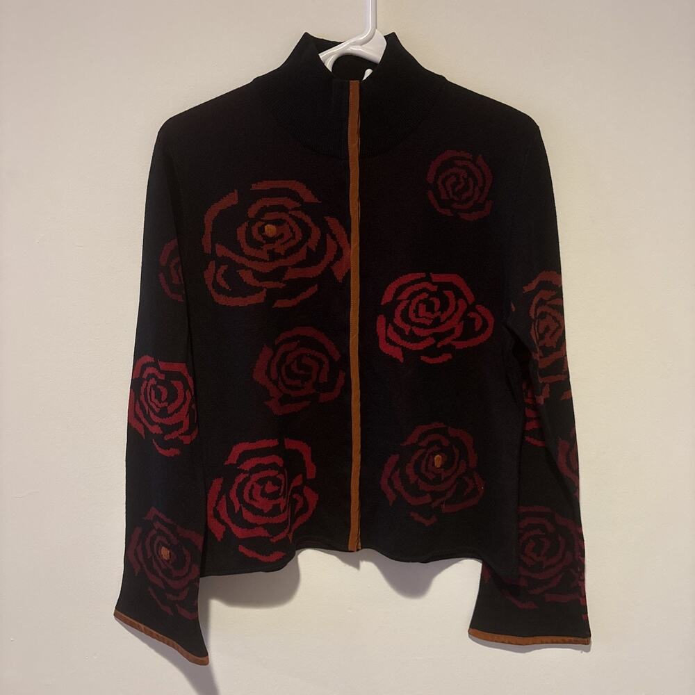 CoVelo Silk Cotton Jacket Size Large Art To Wear Black Red Rose Hidden Snap